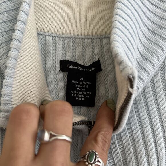 Y2K Calvin Klein 2000s Ribbed Quarter Zip Knit Logo Knit Sweater, Baby Blue- M - Picture 6 of 10